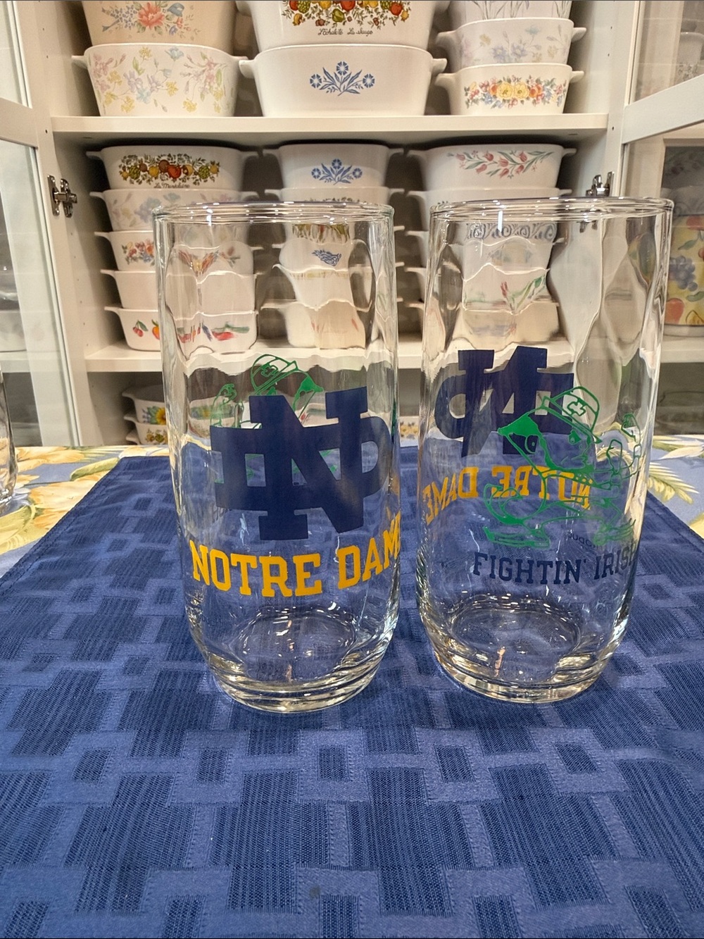 Libbey Notre Dame Blue, Yellow & Green Glass Cups- Pair
